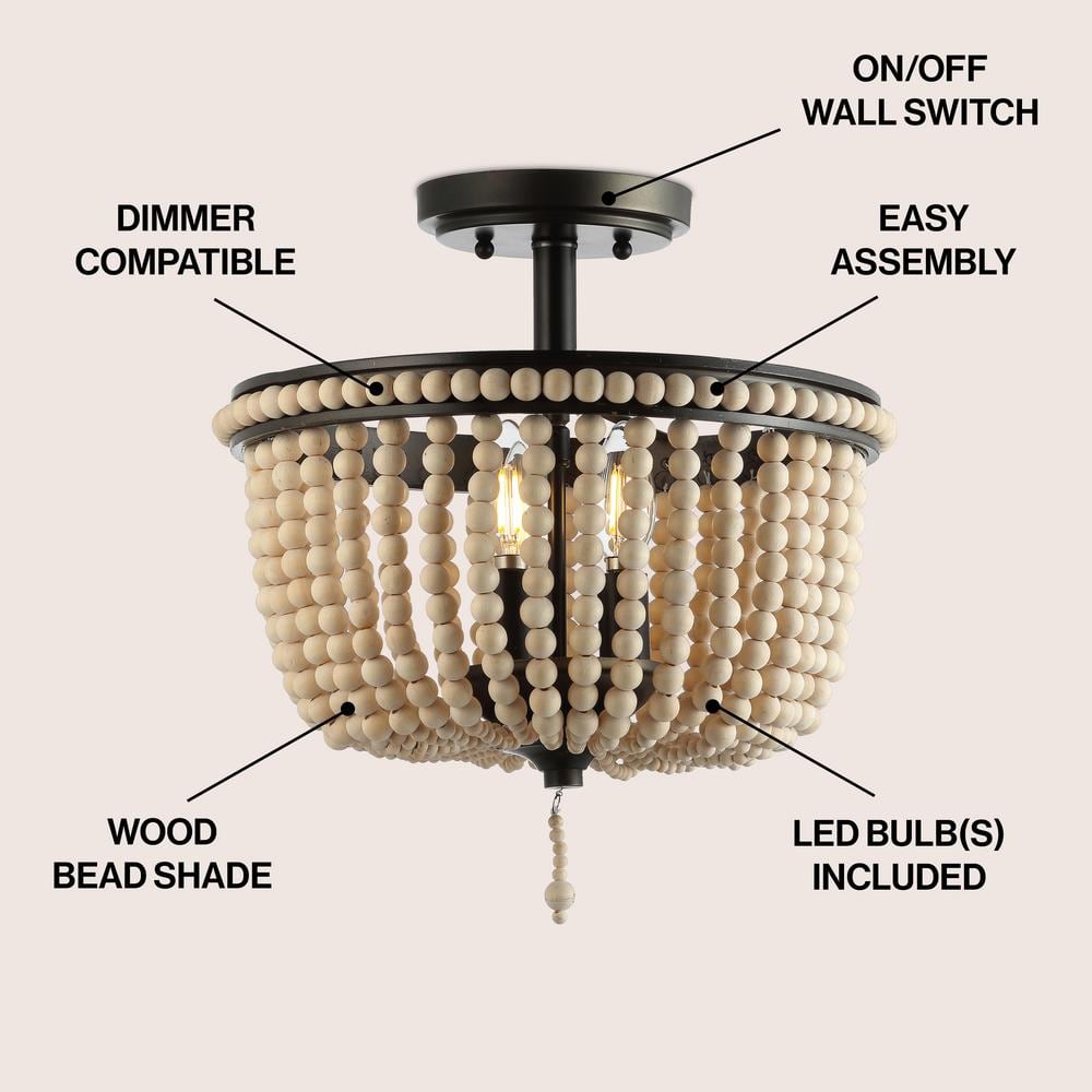 Allie 14" Black and Light Taupe Wood Beaded LED Flush Mount