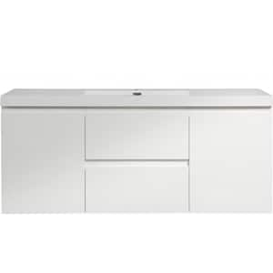 60 in. W Floating Bathroom Vanity in Glossy White with White Resin Top Basin, Soft Close Drawers