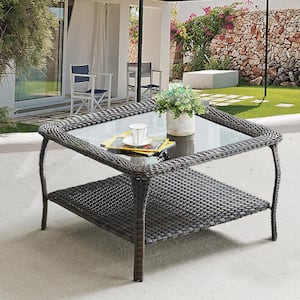 ArcoBay Brown Square Wicker Outdoor Coffee Table with Tempered Glass Top and Lower Wicker Storage Shelf