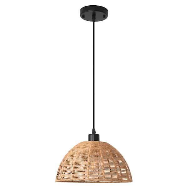 ADSENSTY 1-Light Brown Rattan Dome Single Pendant Light With Rattan Shade, No Bulbs Included