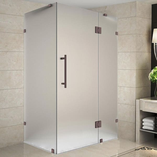 Aston Avalux 54 in. x 34 in. x 72 in. Rectangular Pivot Frameless Corner Shower Enclosure in Oil Rubbed Bronze, Frosted Glass