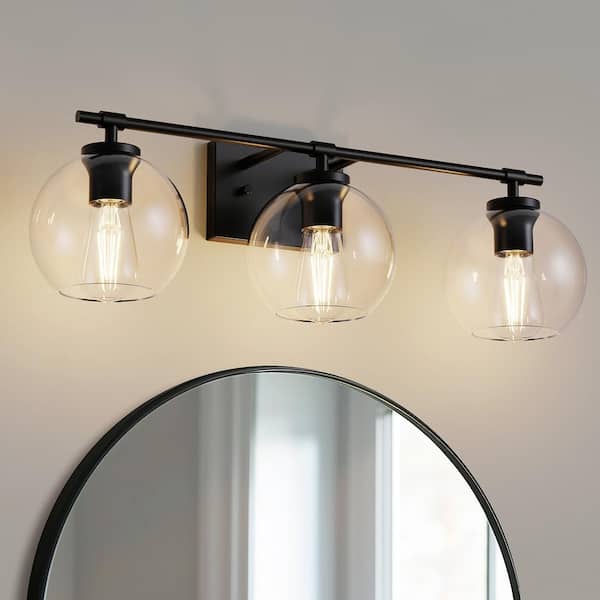25 in. 3-Light Matte Black Vanity Light with Globe Clear Glass Shade for Bathroom Multi Mounting Positions