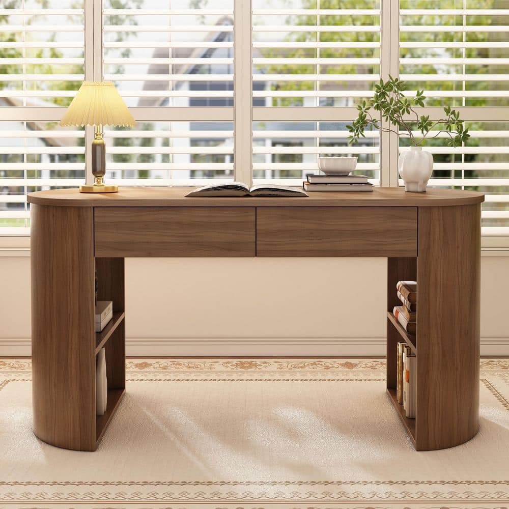 Arvellon Modern 60.3 in. Oval Dark Walnut Wood Computer Desk Study Writing Desk with Drawers, Shelves - Thumbnail 4