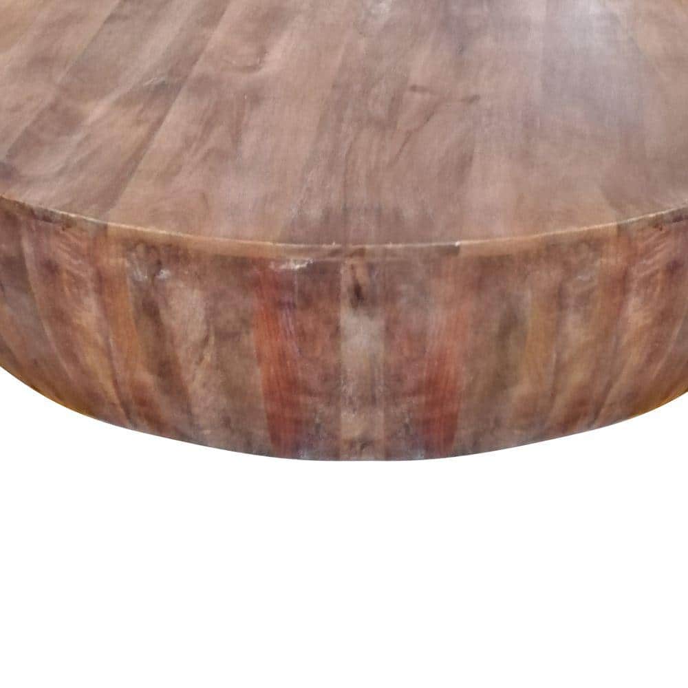 Rustic Drum-Shape Handcarved Mango Wood Coffee Table, Raw Brown