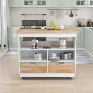 White Kitchen Island with Natural Rubber Wood Tabletop and Storage
