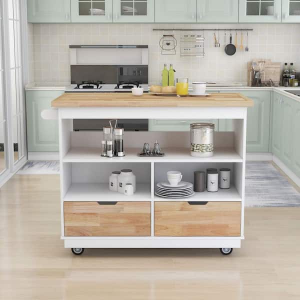 tunuo White Kitchen Island with Natural Rubber Wood Tabletop and Storage