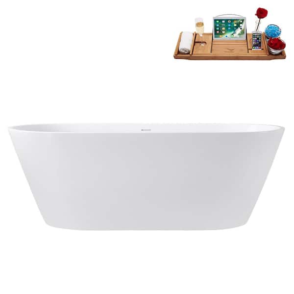 Streamline 67 in. x 30 in. Acrylic Freestanding Soaking Bathtub in Glossy White with Matte Oil Rubbed Bronze Drain, Bamboo Tray