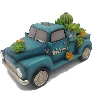 Solar 11 in. Blue Truck with Succulents Statue in Blue/Green