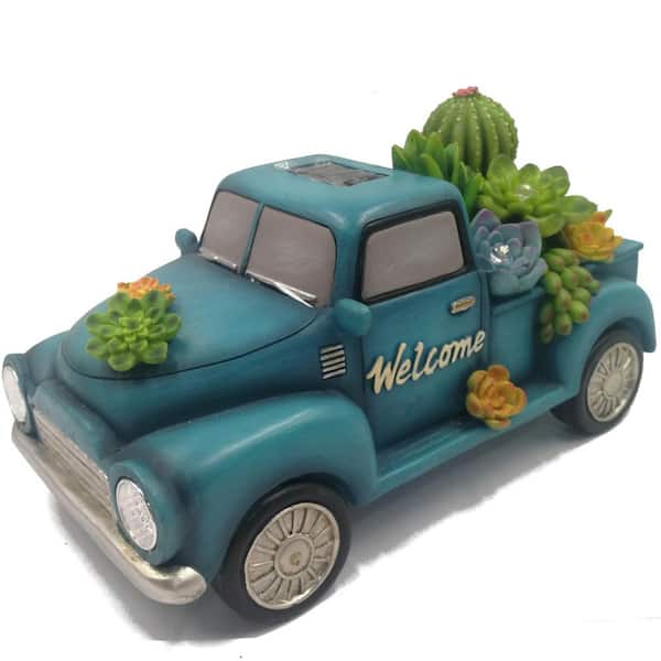 Solar 11 in. Blue Truck with Succulents Statue in Blue/Green