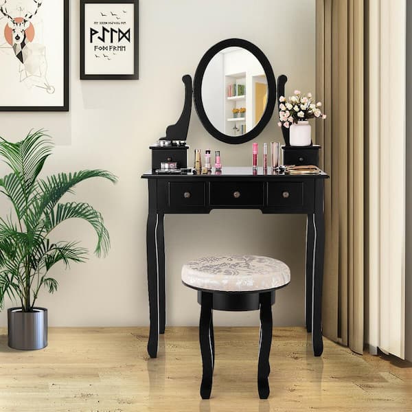 Makeup Table Cushioned Stool Mirror, Vanity Desk Combo Black And Decker
