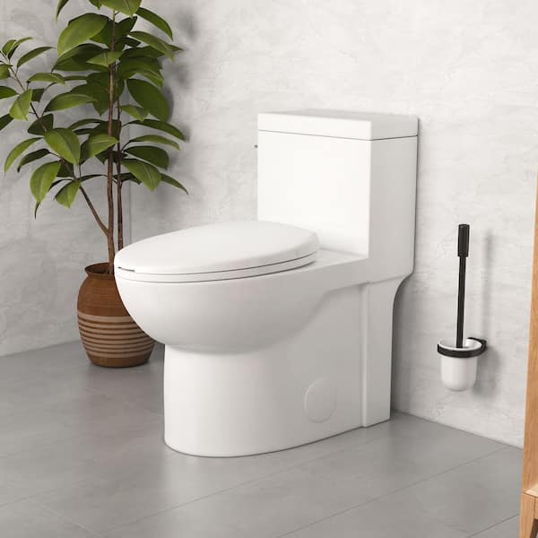 Denbigh 1-Piece 1.28 GPF Siphonic Jet Single Flush Elongated Compact Toilet in Crisp White, Seat Included