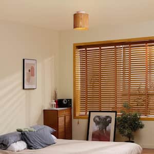 9 in. 1-Light Matte White Semi-Flush Mount Ceiling Light with Natural Bamboo Shade