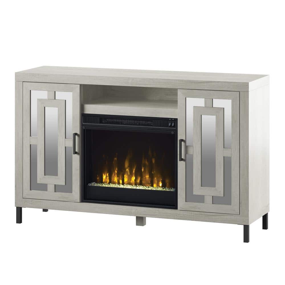 White TV Stand with Electric Fireplace and Mirrored Cabinet Doors