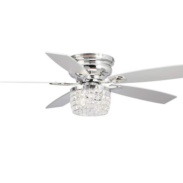 Parrot Uncle 52 in. Modern Chrome Flush Mount Crystal Ceiling Fan with Light Kit and Remote Control