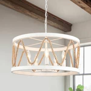 5-Light Distressed White Dimmable Drum Chandelier for Living Room with No Bulbs Included