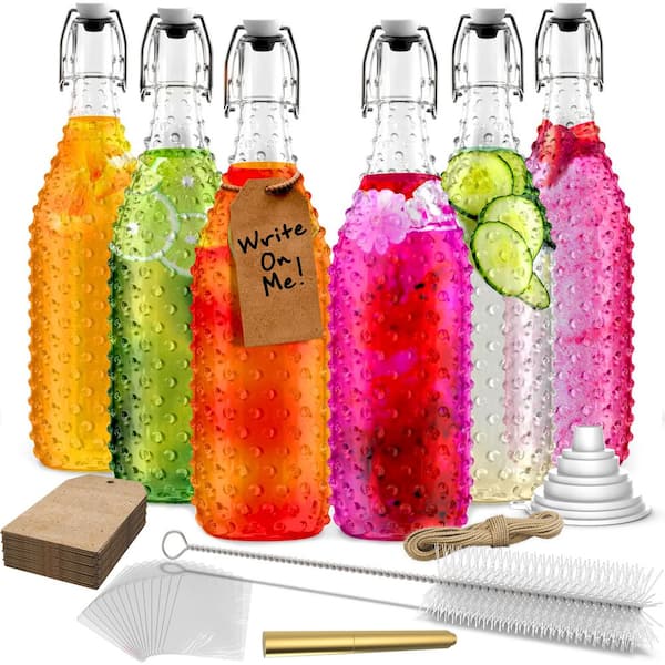 Nevlers 33 oz. Dotted Round Swing Top Glass Bottles with Funnel, Bottle Brush and Glass Marker (Set of 6)
