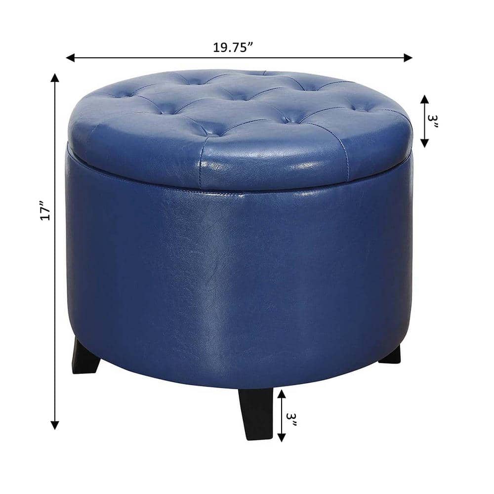 Blue Tufted Faux Leather Round Storage Ottoman