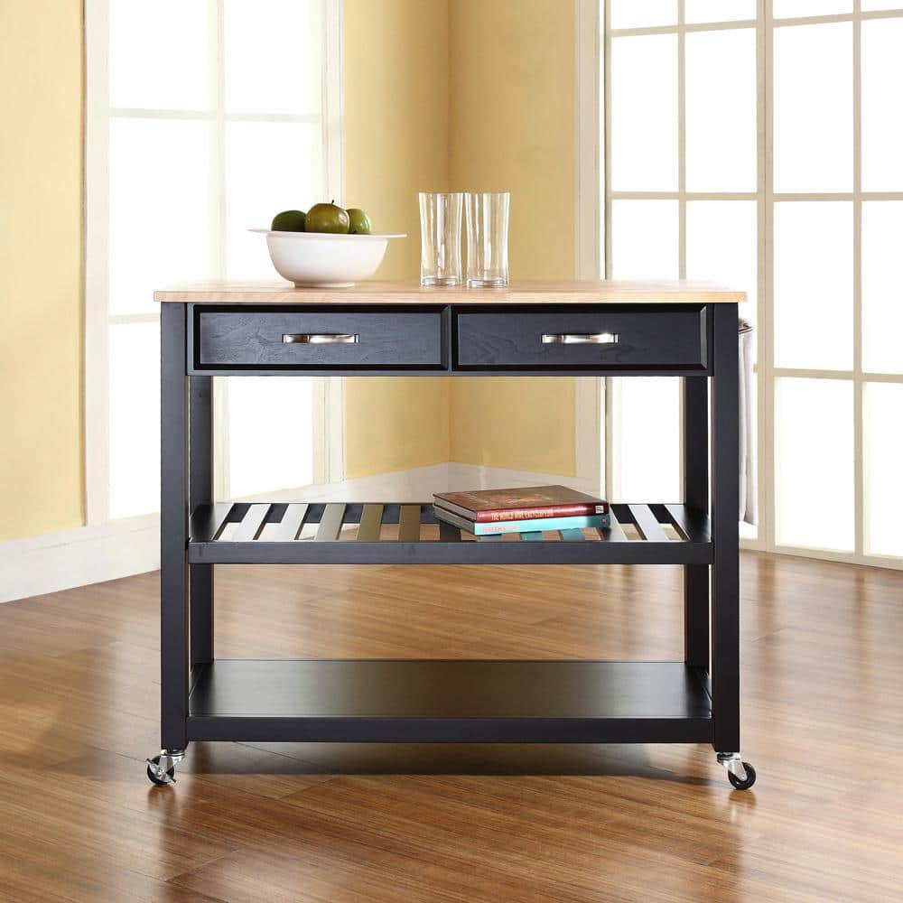 Black and Natural Wood Kitchen Cart with Wine Rack