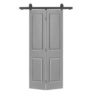 30 in. x 80 in. 2 Panel Light Gray Painted MDF Composite Bi-Fold Barn Door with Sliding Hardware Kit