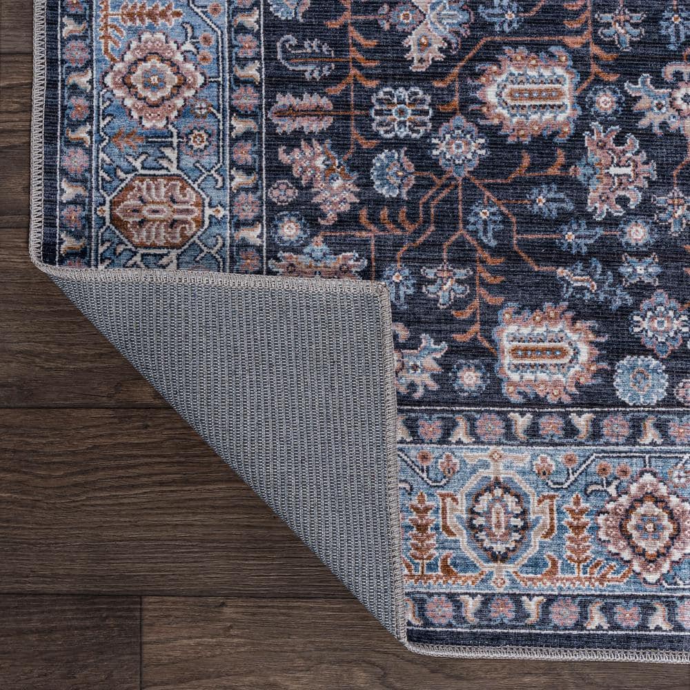Kemer Black and Blue Washable Synthetic Persian Area Rug