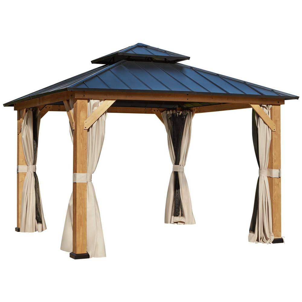 EROMMY 11 ft. x 11 ft. Cedar Wood Frame Gazebo, Outdoor Hardtop Gazebo with  Metal Roof, Privacy Curtains, and Mosquito Nettings XWG-096-2N - The Home  