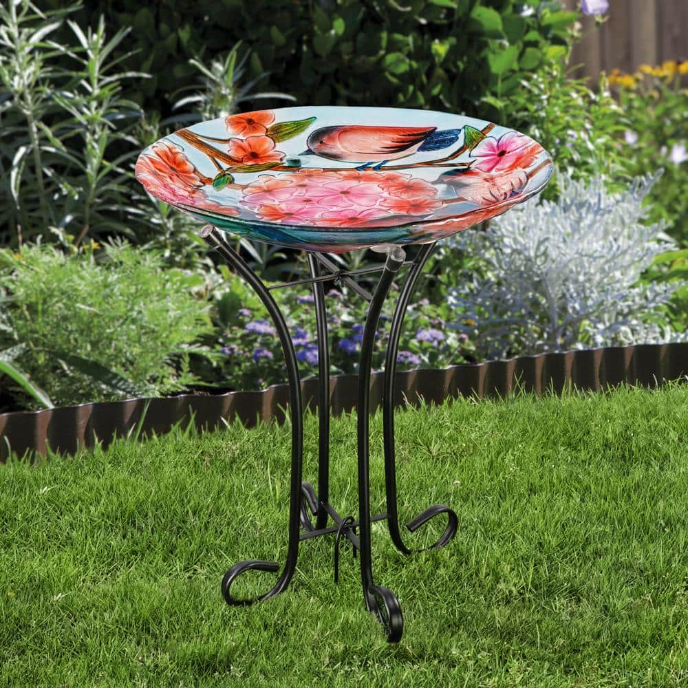 17.8" Multicolor Glass Birdbath with Metal Stand