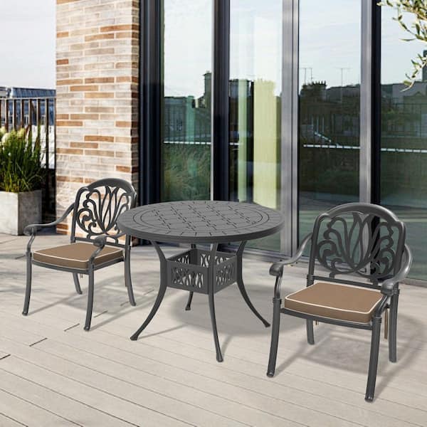 Elizabeth Black 3-Piece of Cast Aluminum Outdoor Dining Set with 39.37 in. Round Table and Random Color Seat Cushions