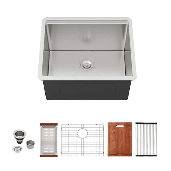 24 in. D x 18 in. W 20 Gallons Undermount Brushed Nickel Laundry/Utility Sink Laundry Tub with All Accessories