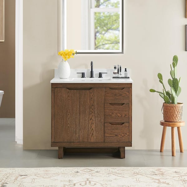 Altair Mowry 36 in. Single Freestanding Brown Brushed Oak Bath Vanity with Grain White Engineered Stone Top Assembled