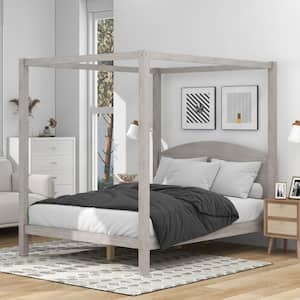 Gray Wash Wood Frame Queen Size Canopy Platform Bed with Headboard and Support Legs