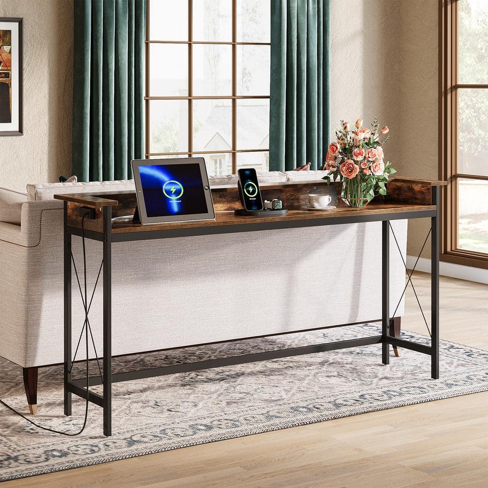 Brown Wood and Metal Console Table with Charging Ports, 70.9 inch