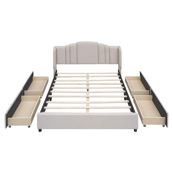 URTR Beige Wood Frame Upholstered Queen Size Platform Bed Frame with ...