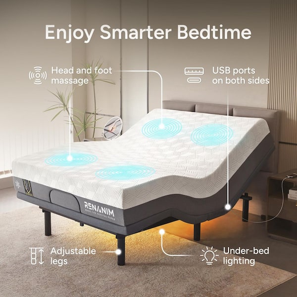 Gray Twin XL Adjustable Bed Frame with 14 in.Cooling Gel Memory Foam Mattress, Massage, USB, Under-Bed Light, Remote/App
