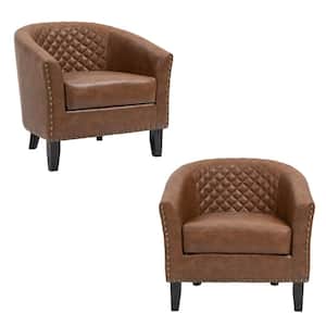 Mid-Century Brown Solid Wood Legs PU Leather Upholstered Accent Barrel Chair With Nailhead Trim(Set of 2)