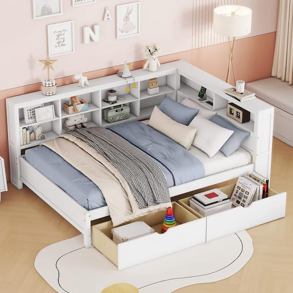 White Full Daybed with 2 Drawers, Storage Shelf and USB Charging Ports