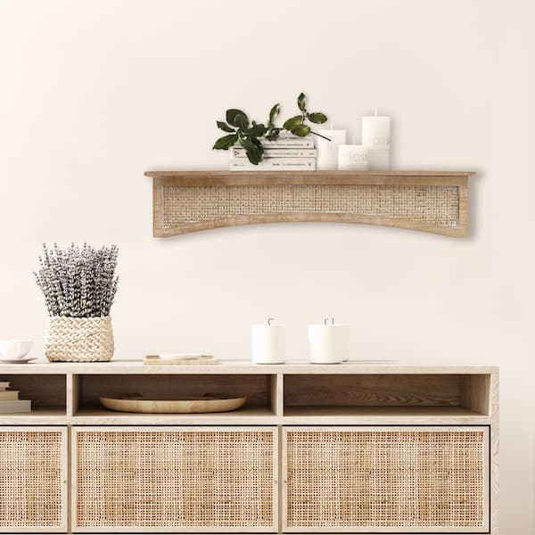 Rustic Aged Wood Print MDF Utility Floating Wall Shelf with Hooks