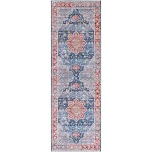 Tuscon Blue/Rust 3 ft. x 12 ft. Machine Washable Distressed Medallion Runner Rug