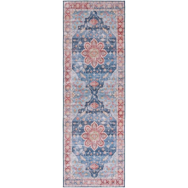 SAFAVIEH Tuscon Blue/Rust 3 ft. x 14 ft. Machine Washable Distressed Medallion Runner Rug