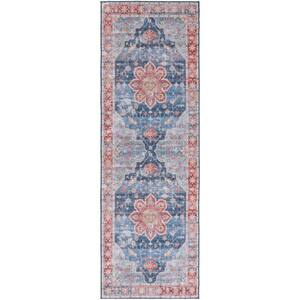 Tuscon Blue/Rust 3 ft. x 6 ft. Machine Washable Distressed Medallion Runner Rug