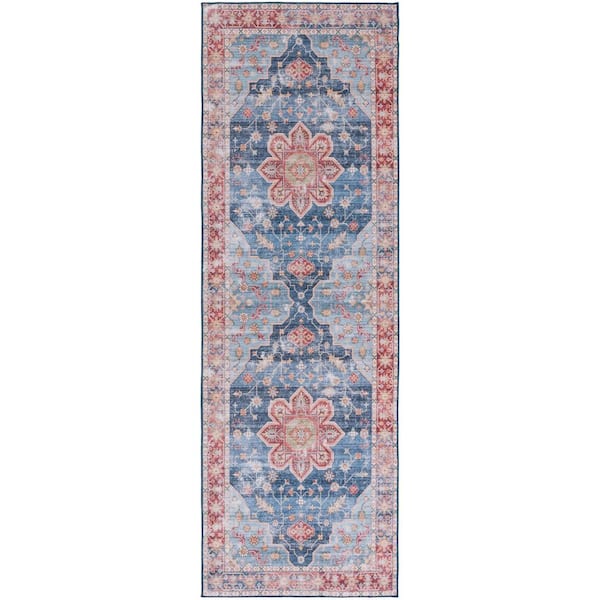 SAFAVIEH Tuscon Blue/Rust 3 ft. x 8 ft. Machine Washable Distressed Medallion Runner Rug