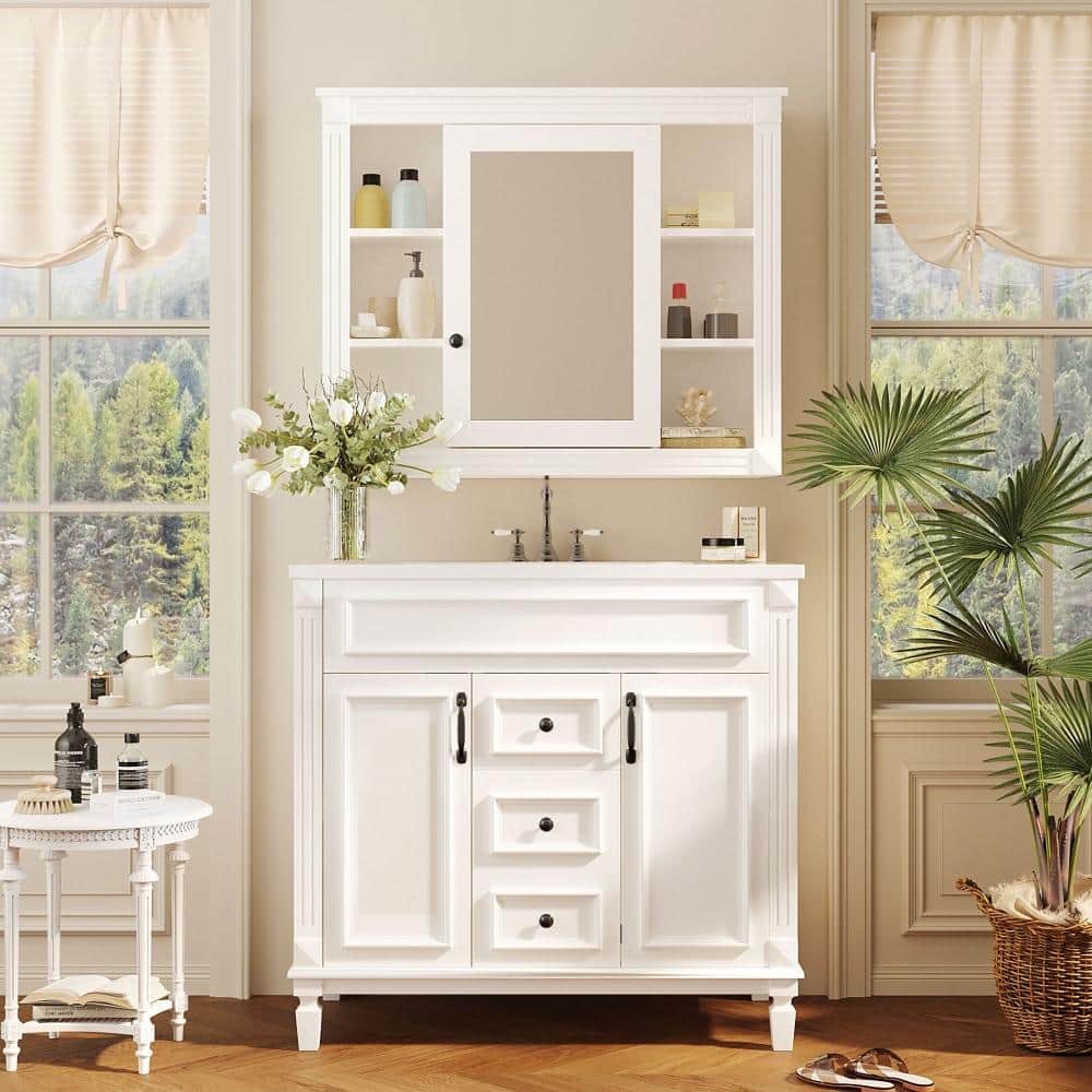 36 in. Bathroom Vanity with Top Sink and Mirror Cabinet, Storage Cabinet with 2 Soft-Closing Doors,White price history on PriceWatchPro