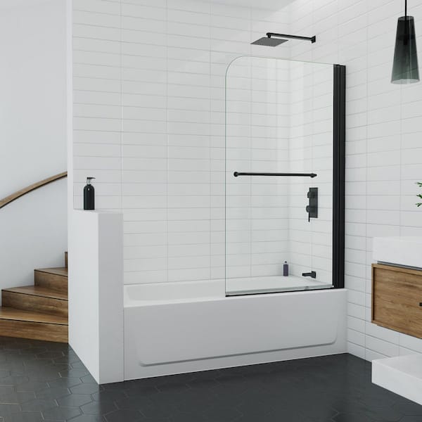 Maui 34 in. W x 58 in. H Frameless Pivot Tub Door in Matte Black with Clear Glass