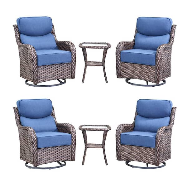 Jhxl Series 6-Piece Brown Wicker Patio Conversation Deep Seating Set with Blue Cushions