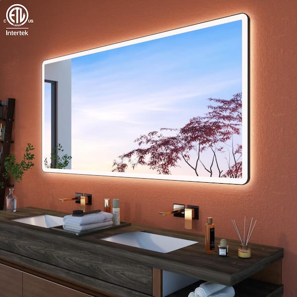 72 in. W x 36 in. H Rectangular Framed Anti-Fog Wall Bathroom Vanity LED Mirror with Backlit and Front Light