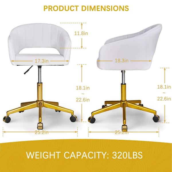 Fabric Accent Chair with Gold Base, Adjustable Height Vanity Chair with 360° Wheels, Upholstered Armchair in White