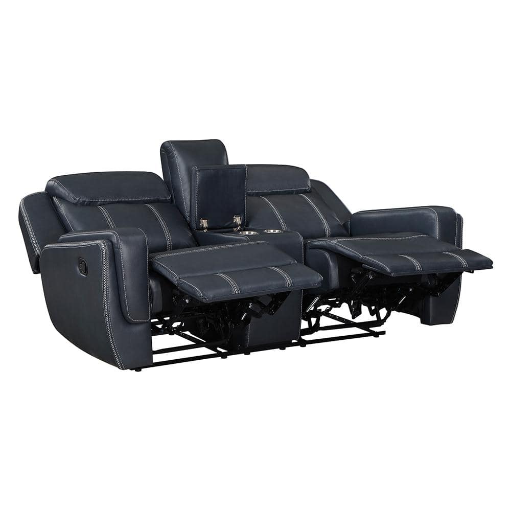 Blue Faux Leather Reclining Loveseat with Cup Holders