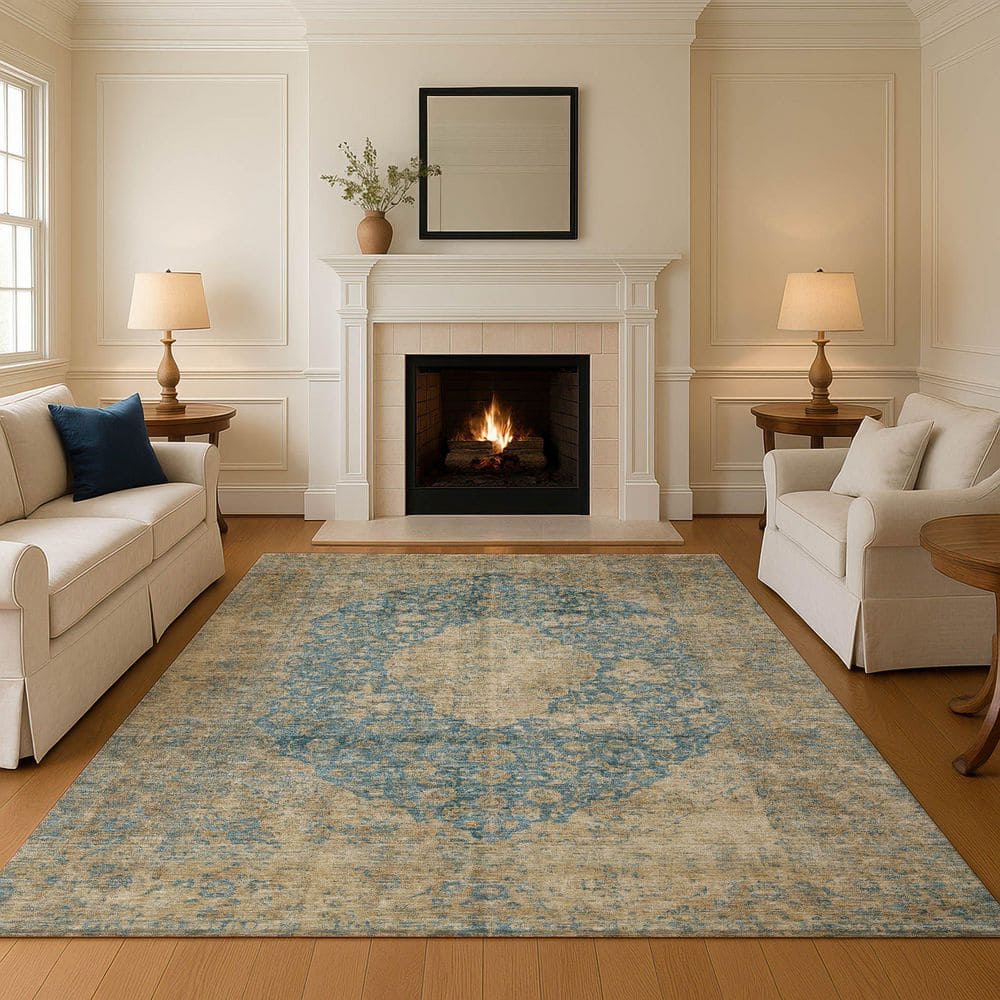 Mayfield Premium Machine Washable Abstract AMF1657 Blue 3 ft. x 5 ft. Area Rug price history on PriceWatchPro