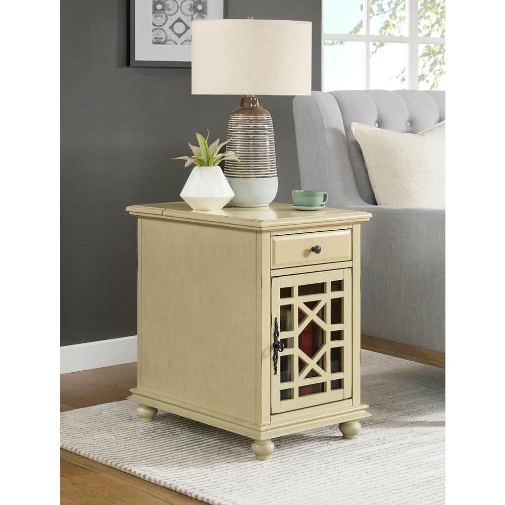 Antique White Elegant Chairside Table with Power Outlets and USB Ports