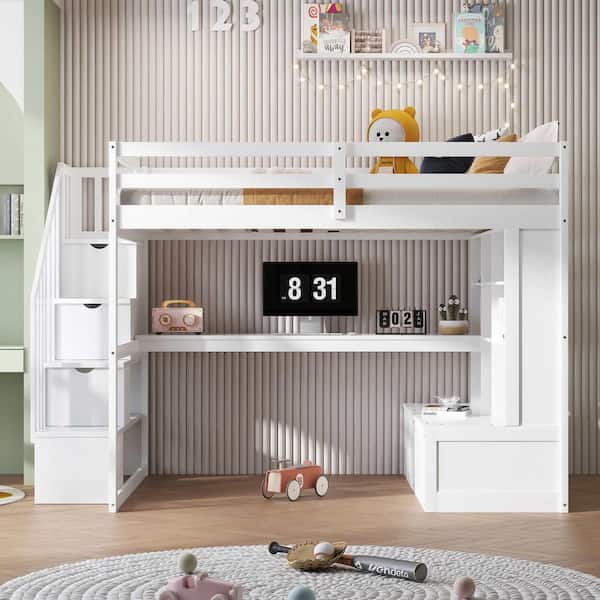 White Full Wood Loft Bed with Desk and Shelves, 2 Built-in Drawers, Storage Staircase