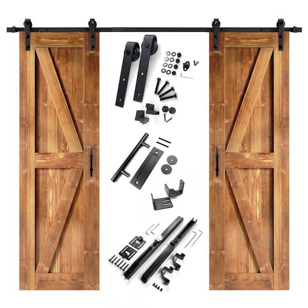 HOMACER 24 in. x 84 in. K-Frame Early American Double Pine Wood Interior Sliding Barn Door with Hardware Kit Non-Bypass